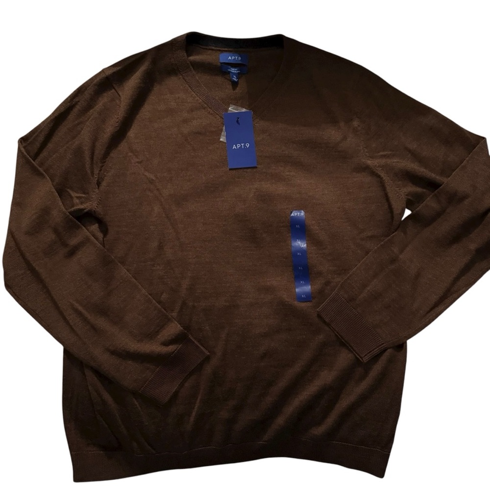 Men’s Apt 9 Merino Wool Blend Brown V Neck Long Sleeve Sweater - Picture 1 of 8